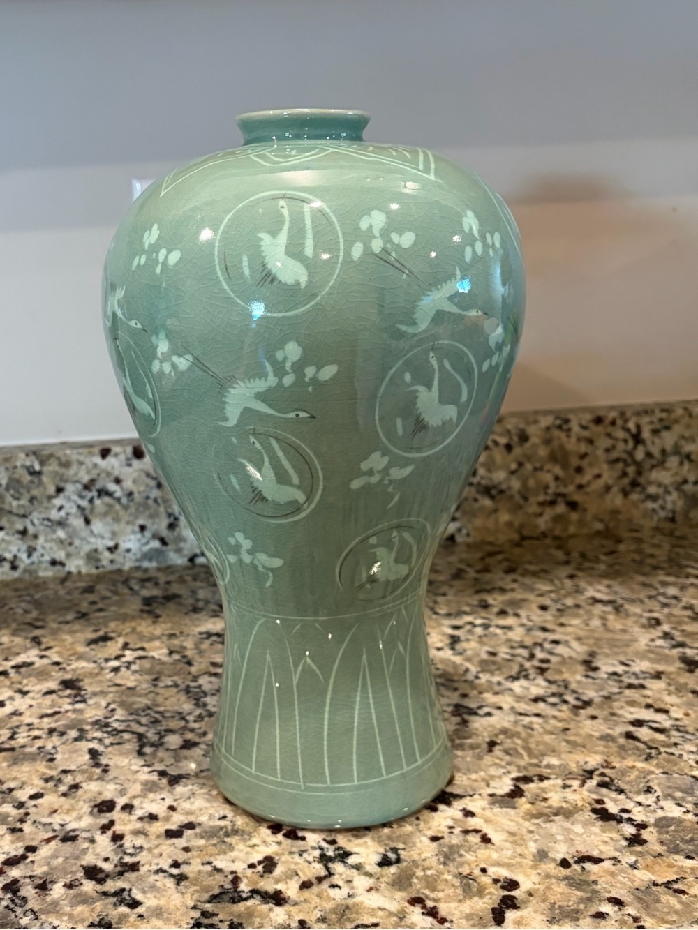 Vintage Korean Celadon Crane Vase green crackle glaze entryway statement piece
